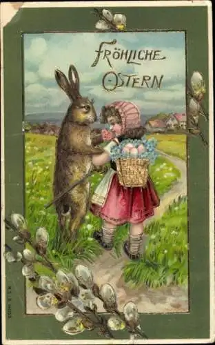 Präge Litho Glückwunsch Ostern, Hase und Mädchen, Weidenkätzchen