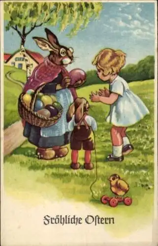 Ak Glückwunsch Ostern, Osterhase verkauft Ostereier, Mädchen, Spielzeug