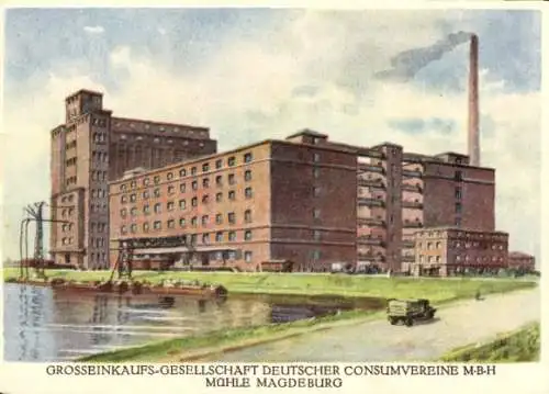 Künstler Ak Magdeburg, Mühle, Großeinkaufsgesellschaft Deutscher Comsumvereine m.b.H.