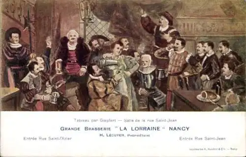 Ak Nancy Meurthe et Moselle, Grande Brasserie La Lorraine Tableau par Goepfert, Salle rue Saint Jean