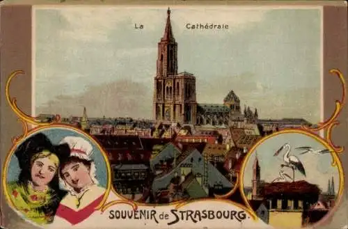 Litho Strasbourg Straßburg Elsass Bas Rhin, Teilansicht, Kathedrale, Storch, Volkstrachten