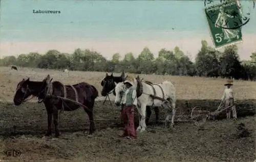 Ak Französische Bauern, Pflug, Ackerarbeit, Landwirtschaft, Pferde