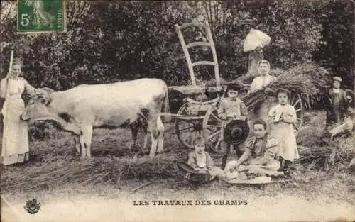 Ak Frankreich, Fuhrwerk, Rinder, Kinder