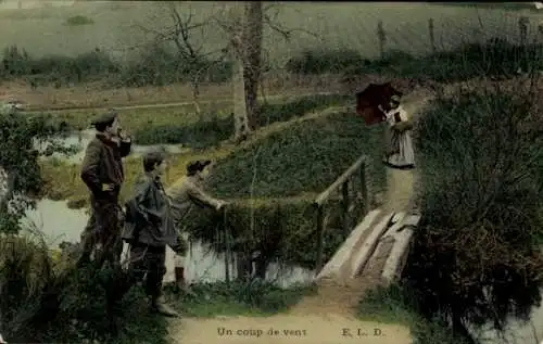 Ak Frankreich, Kinder an der Brücke, Frau mit Regenschirm, Fluss