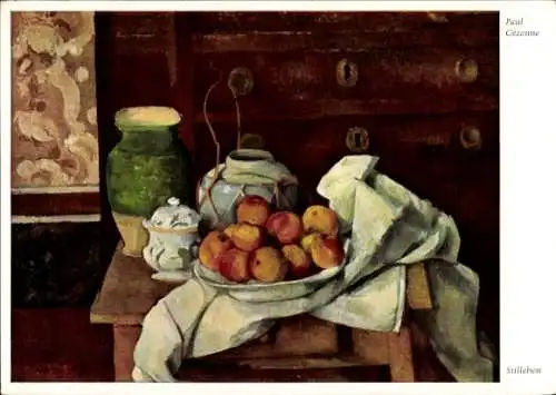 Künstler Ak Cezanne, P., Stillleben,  Früchte, Tisch, Vase