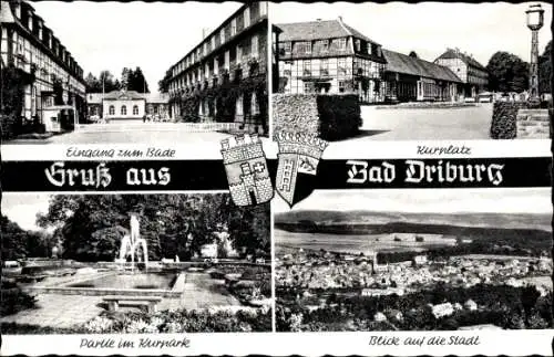 Ak Bad Driburg in Westfalen, Eingang zum Bade, Kurplatz, Kurpark, Gesamtansicht