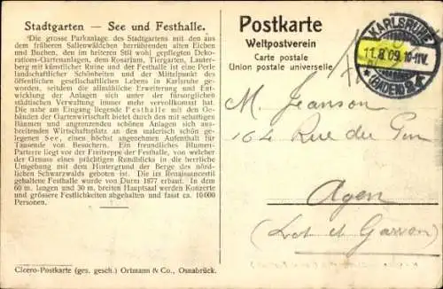 Ak Karlsruhe in Baden, Stadtgarten, See, Festhalle