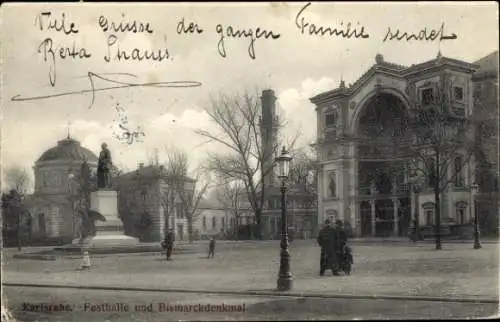 Ak Karlsruhe in Baden, Festhalle, Bismarckdenkmal