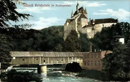 Ak Kriebstein in Sachsen, Schloss, Zschopautal, Holzbrücke