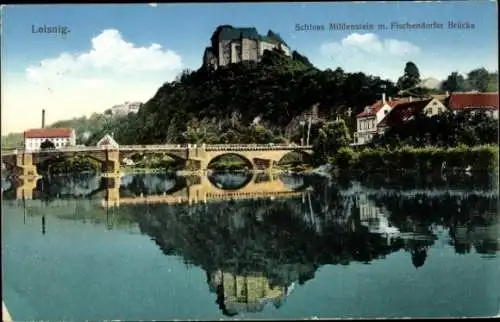 Ak Leisnig in Sachsen, Schloss Mildenstein, Fischendorfer Brücke