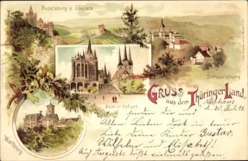 Litho Thüringer Land, Schwarzburg, Bad Kösen Naumburg Rudelsburg u. Saaleck, Erfurter Dom, Wartburg