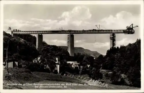 Ak Siebenlehn Großschirma in Sachsen, Reichsautobahnbrücke Muldental im Bau