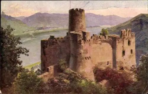 Ak Rheindiebach Oberdiebach am Rhein, Burg Fürstenberg mit Blick nach Lorch am Rhein