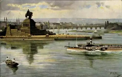 Ak Koblenz am Rhein, Deutsches Eck, Zusammenfluss Mosel Rhein, Kaiser Wilhelm Denkmal, Schiff