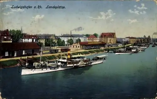 Ak Ludwigshafen am Rhein, Blick zu den Landeplätzen, Dampfer