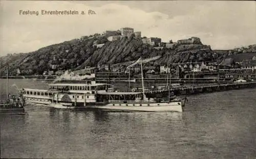 Ak Ehrenbreitstein Koblenz am Rhein, Panorama, Dampfer, Festung