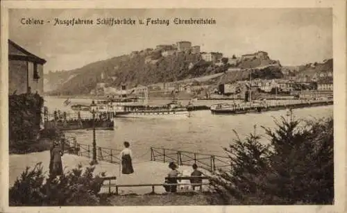 Ak Ehrenbreitstein Koblenz am Rhein, Ausgefahrene Schiffsbrücke, Festung