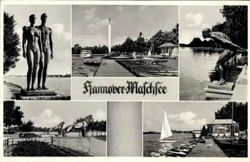 Ak Südstadt Hannover, Maschsee, Anleger, Statuen, Segelboote