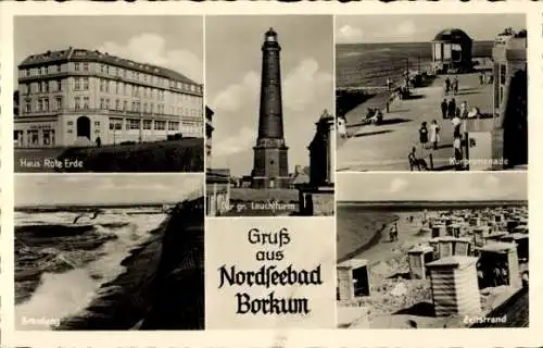 Ak Nordseebad Borkum in Ostfriesland, Kurpromenade, Leuchtturm, Zeltstrand, Haus Rote Erde