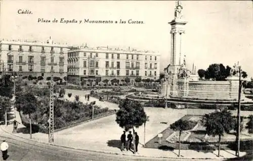 Ak Cádiz Andalusien, Plaza de Espana und Denkmal der Cortes