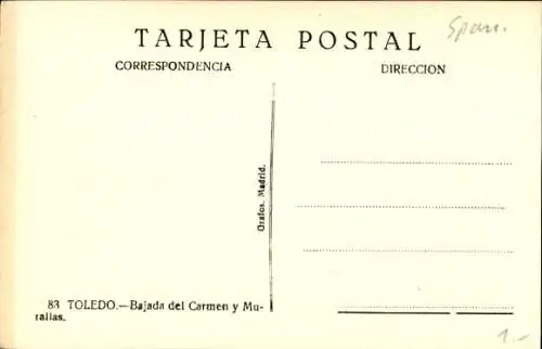 Ak Toledo Castilla La Mancha Spanien, Bajada del Carmen und Mauern