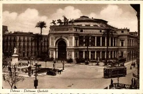 Ak Palermo Sizilien Sicilia Italien, Politeama Garibaldi, Straßenbahn