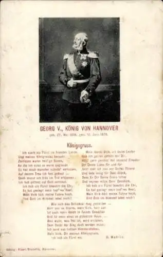 Ak Georg V., König von Hannover, Gedicht Königsgruss, Ich starb als Fürst im fremden Lande...