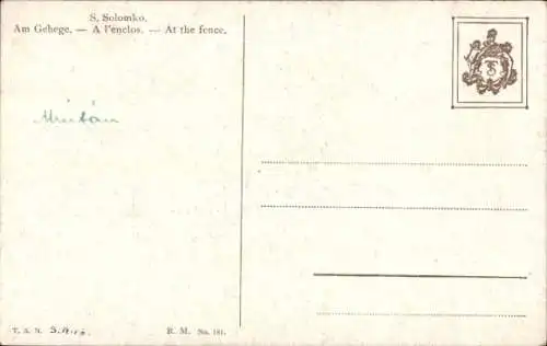 Künstler Ak Solomko, S., Am Gehege, Liebespaar am Zaun