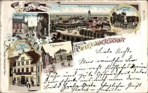 Litho Friedrichstadt an der Eider, Hollmertor, Hotel zum Holsteinischen Hause u Stadt Hamburg