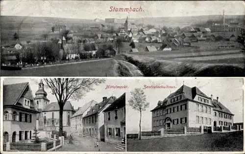 Ak Stammbach in Oberfranken, Gesamtansicht, Mittelmarkt, Zentralschulhaus