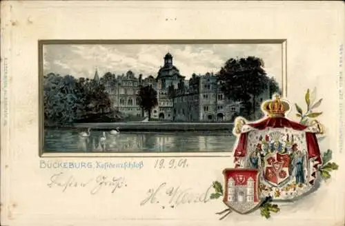 Präge Passepartout Wappen Litho Bückeburg in Schaumburg, Residenzschloss, Uferpartie