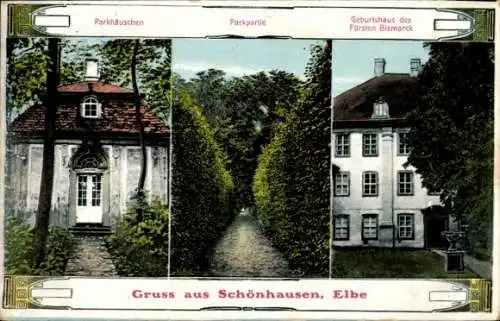 Ak Schönhausen an der Elbe, Parkhäuschen, Park, Geburtshaus des Fürsten Bismarck