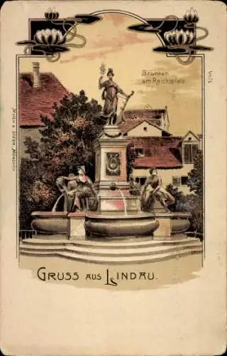 Litho Lindau am Bodensee Schwaben, Brunnen am Reichsplatz