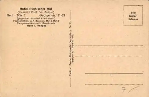 Ak Berlin Mitte, Hotel Russischer Hof, Georgenstraße 21 bis 22, Hôtel de Russie