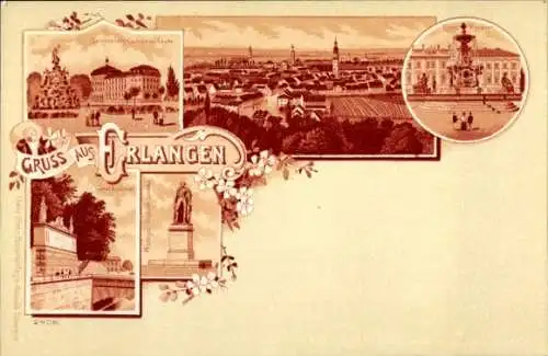 Litho Erlangen in Mittelfranken Bayern, Universitäts Gebäude, Kunstbrunnen, Canai Denkmal