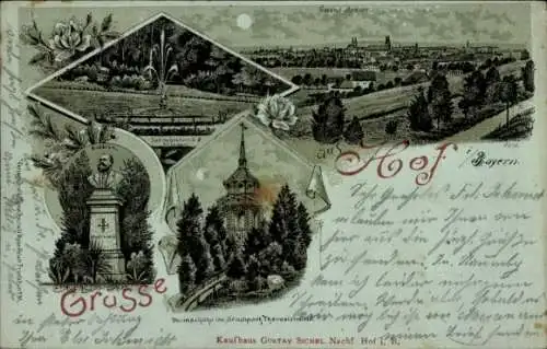 Mondschein Litho Hof an der Saale Oberfranken Bayern, Total, Stadtpark Theresienstein, Denkmal