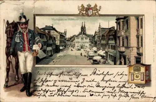 Litho Bad Kissingen Unterfranken Bayern, Marktplatz, Rathaus, Postbote