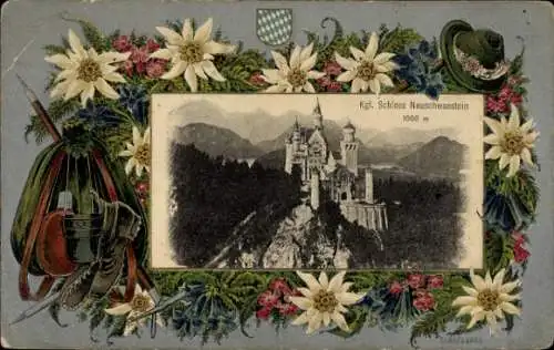 Passepartout Ak Hohenschwangau Schwangau im Ostallgäu, Schloss Neuschwanstein, Edelweiß