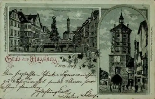 Mondschein Litho Augsburg in Schwaben, Herkulesbrunnen, Wertachbrucker Tor