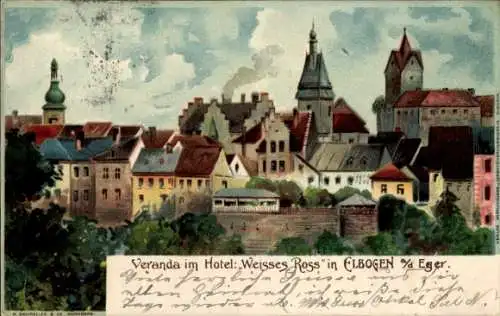 Litho Loket Elbogen Reg. Karlsbad, Veranda im Hotel Weißes Ross