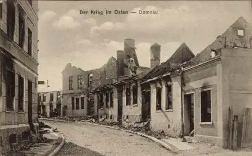 Ak Domnowo Domnau Ostpreußen, Kriegszerstörungen im Ort, Gebäude, I. WK