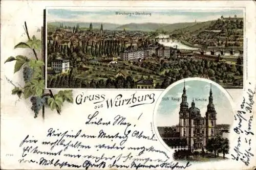 Litho Würzburg am Main Unterfranken, Panorama, Stift Haug Kirche