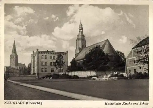 Ak Prudnik Neustadt Oberschlesien, Katholische Kirche und Schule