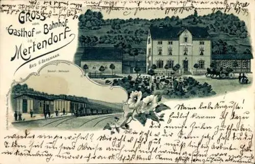 Litho Mertendorf im Burgenlandkreis, Bahnhof, Gasthof zum Bahnhof, Inh. G. Bergmann