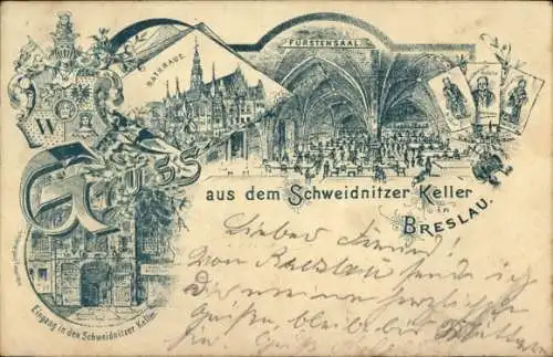 Litho Wrocław Breslau Schlesien, Schweidnitzer Keller, Rathaus, Fürstensaal, Eingang, Wappen