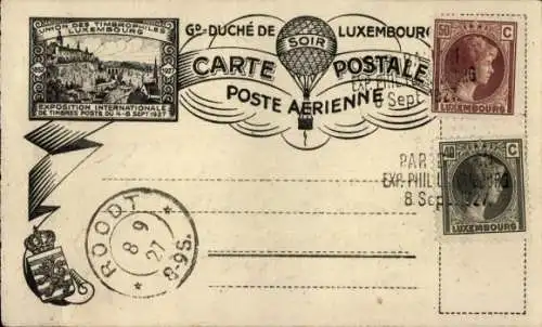 Ak Großherzogtum Luxemburg, Union des Timbrophiles, Briefmarkenausstellung 1927, Luftpost