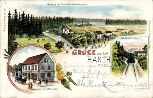 Litho Zwenkau in Sachsen, Gruß aus der Harth, Harthschlösschen, Bahnwärterhäuschen, Dampflok