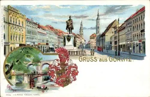 Wappen Künstler Litho Grimm, A., Görlitz in der Lausitz, Straßenpartie, Reiterstandbild, Brücke