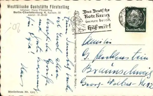 Ak Berlin Charlottenburg, Westfälische Gaststätte Försterling, Kantstraße 55