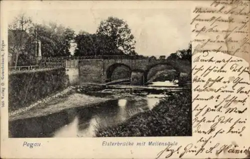 Ak Pegau in Sachsen, Elsterbrücke, Meilensäule